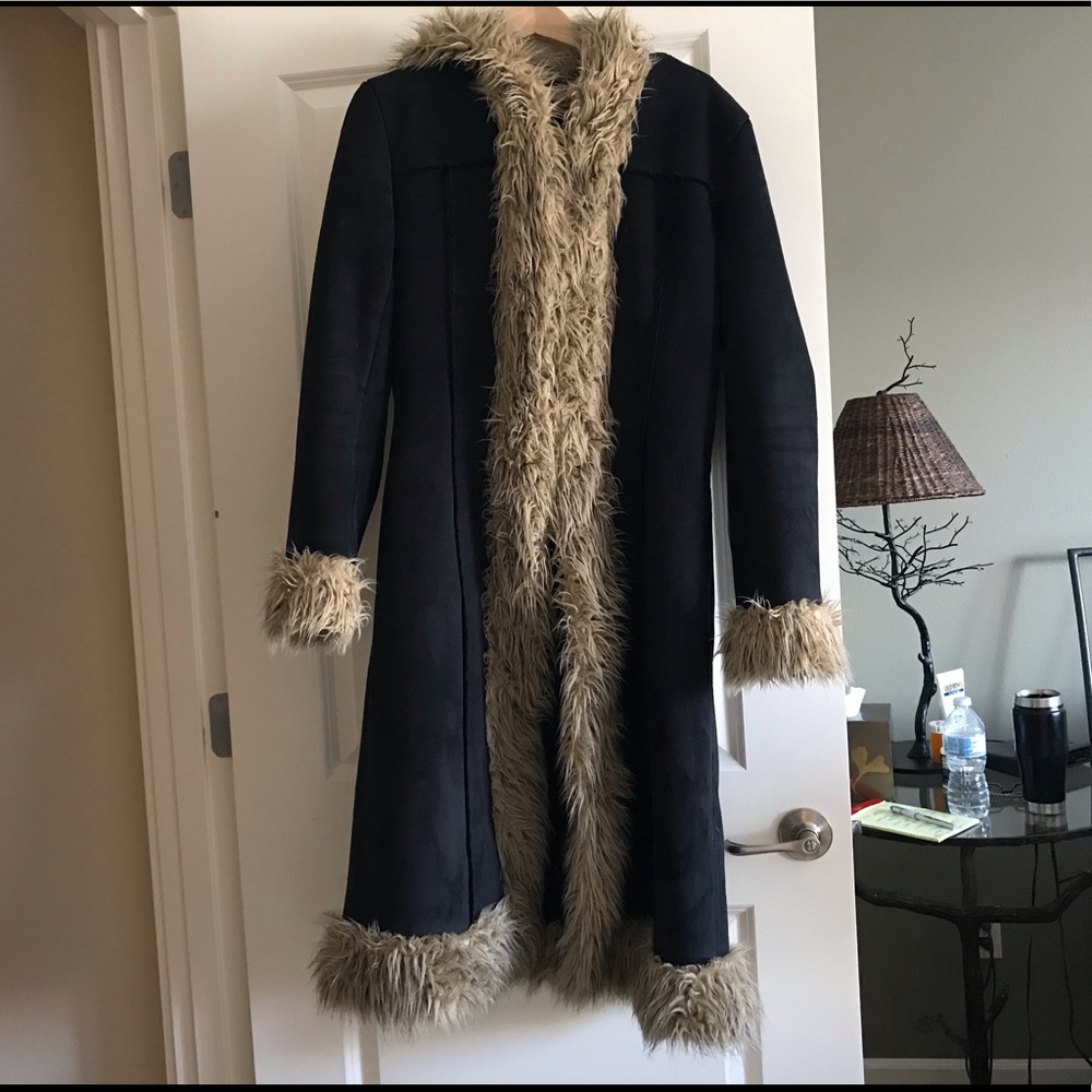 Bebe faux fur trimmed trench coat
